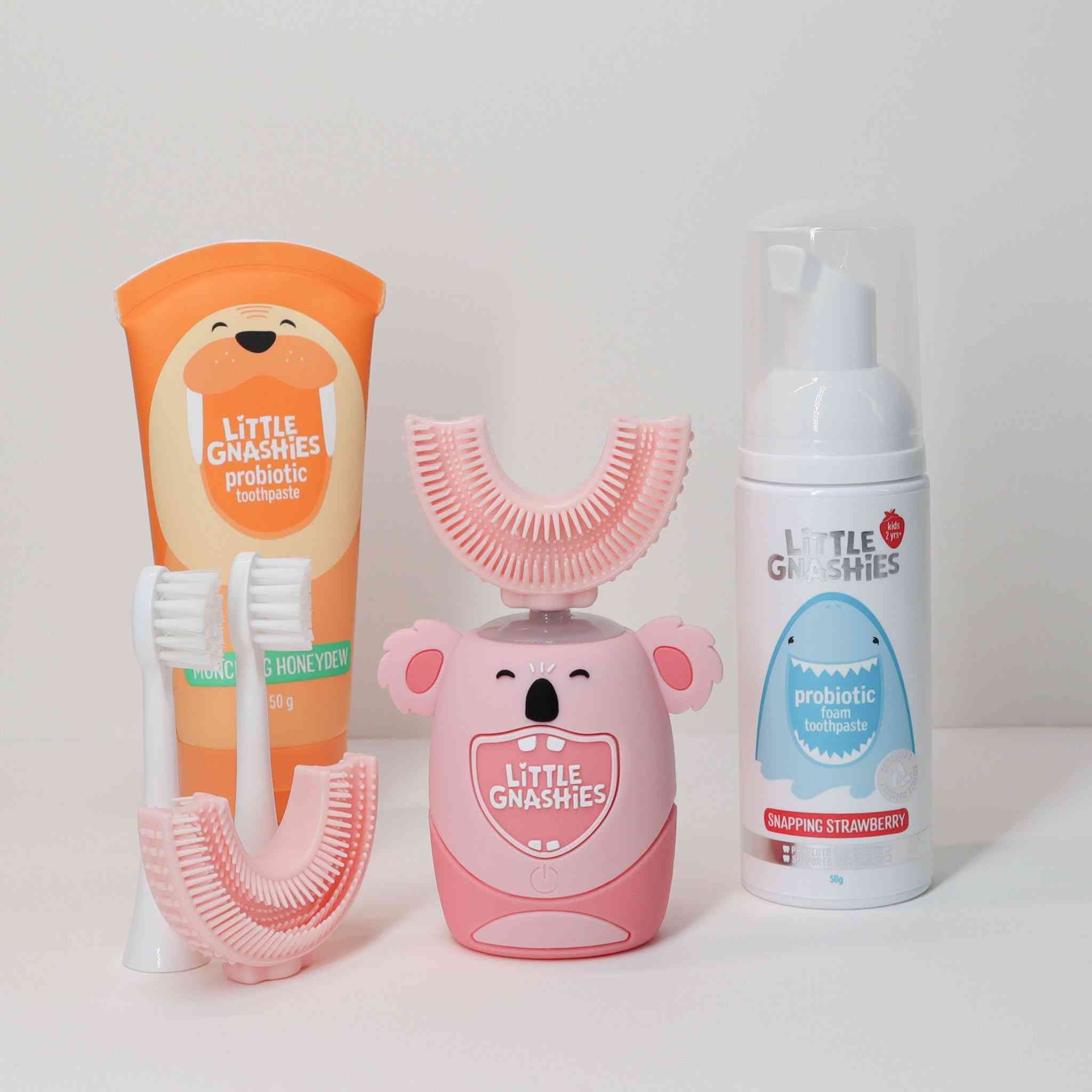 Low Fluoride kids toothpaste| Little Gnashies probiotic toothpaste gel|Kids U shaped toothbrush